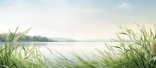 View through green reeds onto a calm lake the water horizon disappears in the haze environment concept natural landscape copy space selected focus narrow depth of field. Creative Banner