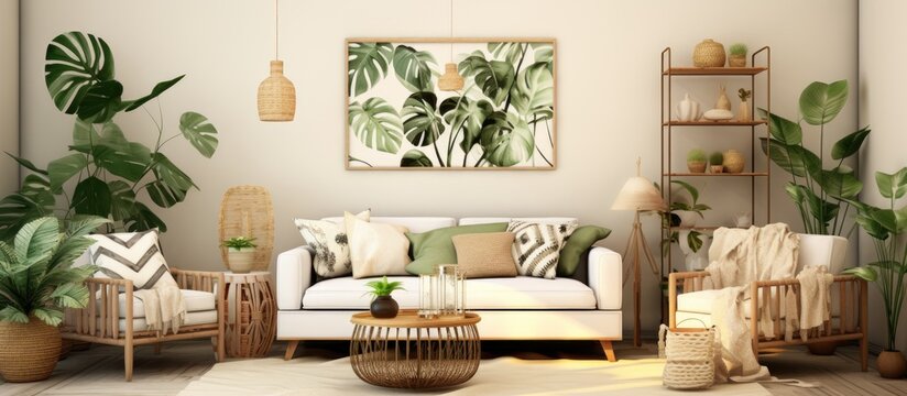 The stylish boho interior of living room in cozy apartment with design coffee table gray sofa honey yellow pillows piano wooden shelf plants and elegant personal accessories Mock up paintings