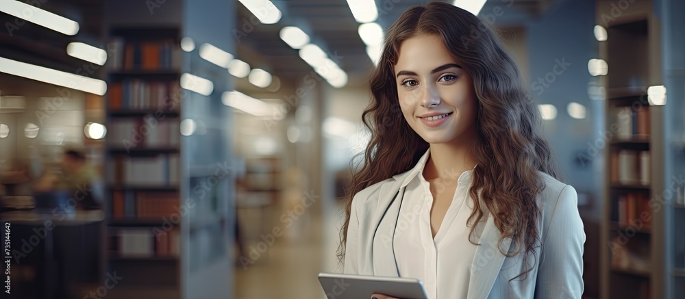 Poster Smiling student using a tablet computer in a library. Creative Banner. Copyspace image