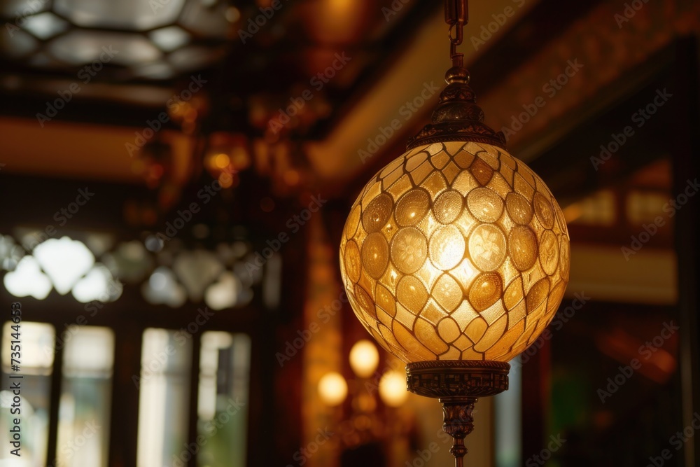 Poster A simple and elegant ceiling light fixture hanging from the ceiling in a room. This image can be used to showcase interior design, home decor, or lighting concepts