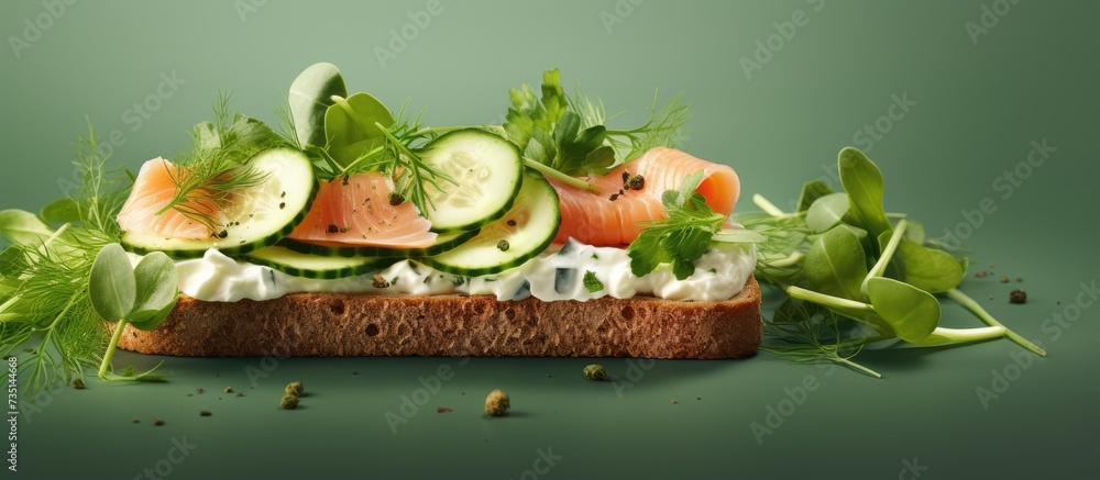 Poster tasty bruschetta with salmon salmon toast with cream cheese arugula and cucumber cube. creative bann