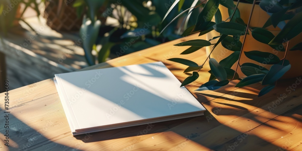 Poster a book sitting on top of a wooden table. suitable for various themes and concepts