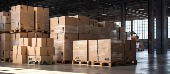 Shipment boxes Warehouse worker lifting cardboard boxes stacking on pallet rack Cargo export Distribution warrehousing transportation. Creative Banner. Copyspace image