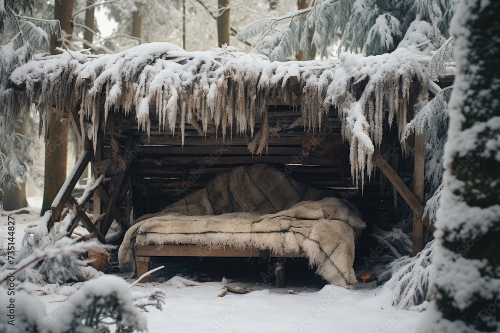 Poster a bed placed in the middle of a snowy forest. can be used for winter-themed designs or concepts rela