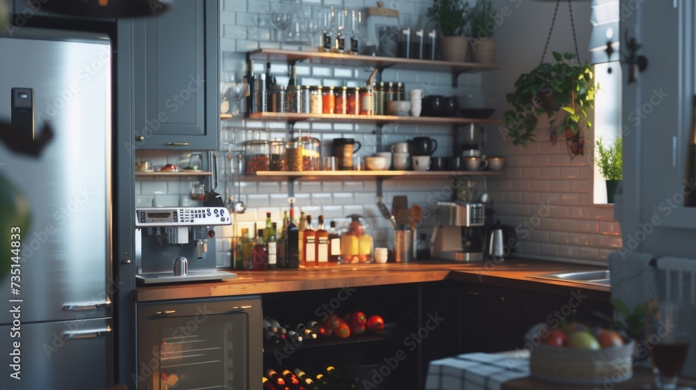 Poster a kitchen filled with an assortment of wine bottles. this image can be used to depict a well-stocked