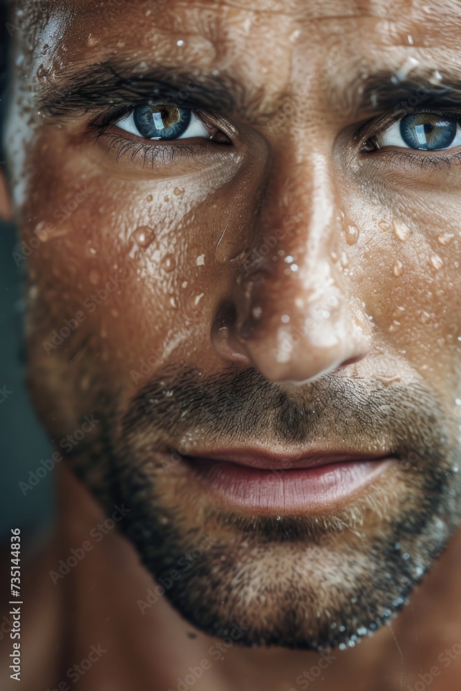 Poster a close-up shot of a man with a wet face. suitable for various uses
