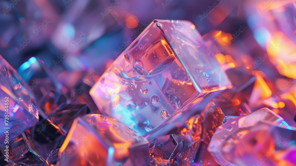Poster A detailed close-up shot of a bunch of ice cubes. Perfect for adding a refreshing touch to any beverage or illustrating concepts such as cooling, freshness, or summer drinks