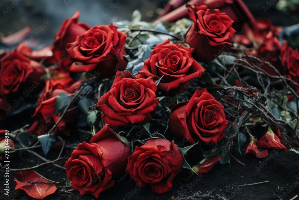 Poster A beautiful arrangement of red roses placed on a table. Perfect for adding a touch of elegance to any setting