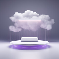Purple podium with a cloud in the background.