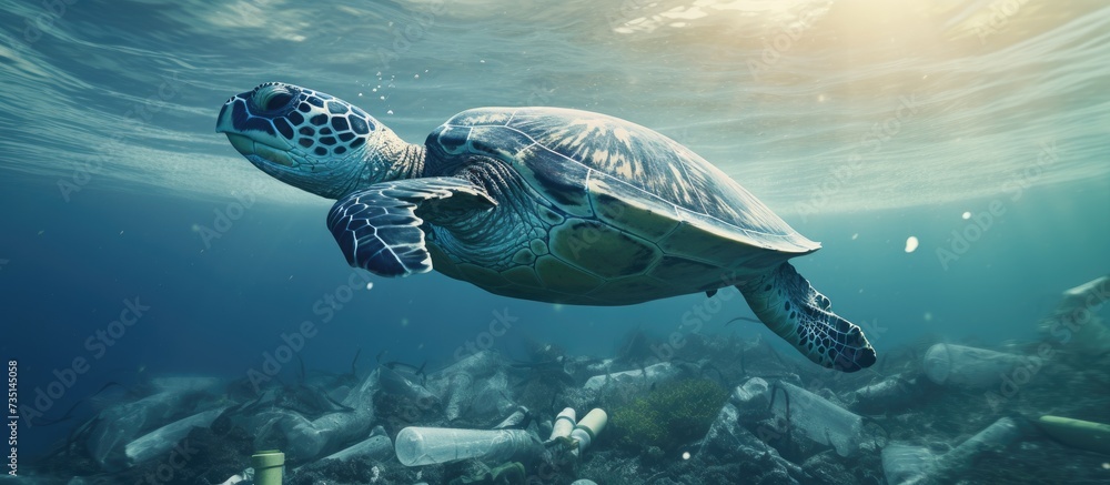 Poster sea turtle swimming in ocean invaded by plastic bottles pollution in oceans concept. creative banner
