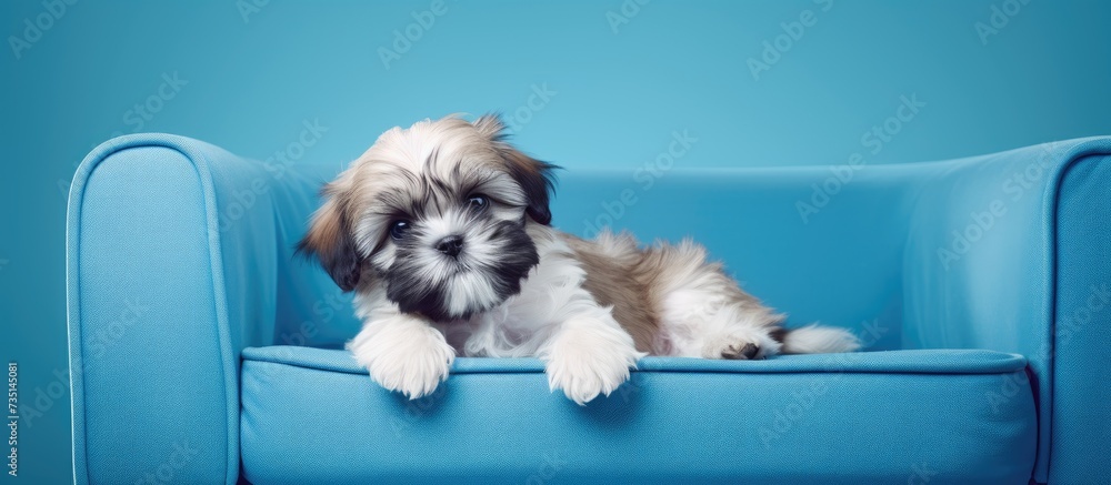 Poster shih tzu puppy lying on the blue sofa and facing the camera. creative banner. copyspace image