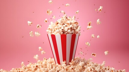 popcorn in a paper bag flying around on pink background. Cinema and movie theater concept. - obrazy, fototapety, plakaty
