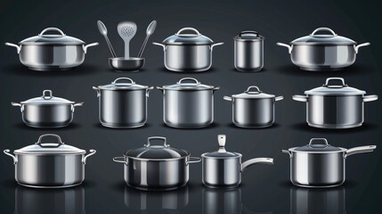 A variety of pots and pans are neatly arranged with spoons. Ideal for cooking and kitchen-related projects