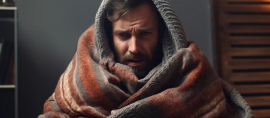 Mature man covered with warm woolen blanket sits near heater and tries to keep warm Low temperature in apartment house room in cold autumn and winter due to gas crisis and rising prices for ene