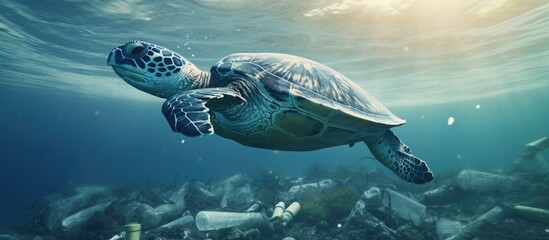 Sea turtle swimming in ocean invaded by plastic bottles Pollution in oceans concept. Creative Banner. Copyspace image - obrazy, fototapety, plakaty