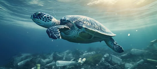 Poster Sea turtle swimming in ocean invaded by plastic bottles Pollution in oceans concept. Creative Banner. Copyspace image © HN Works