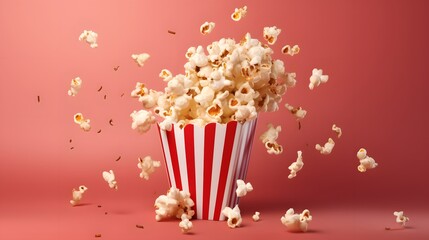 popcorn in a paper bag flying around on pink background. Cinema and movie theater concept.