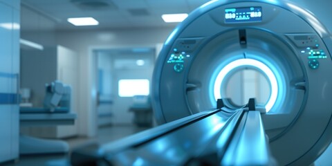 MRI machine in a hospital room with a gun in the foreground. Perfect for medical and crime-related projects - obrazy, fototapety, plakaty