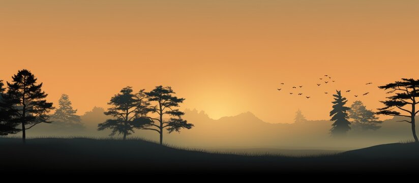 Misty morning with silhouette trees in the countryside. Creative Banner. Copyspace image