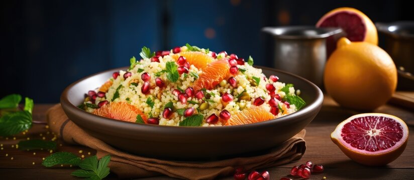 salad couscous with grapefruit and pomegranate seeds. Creative Banner. Copyspace image