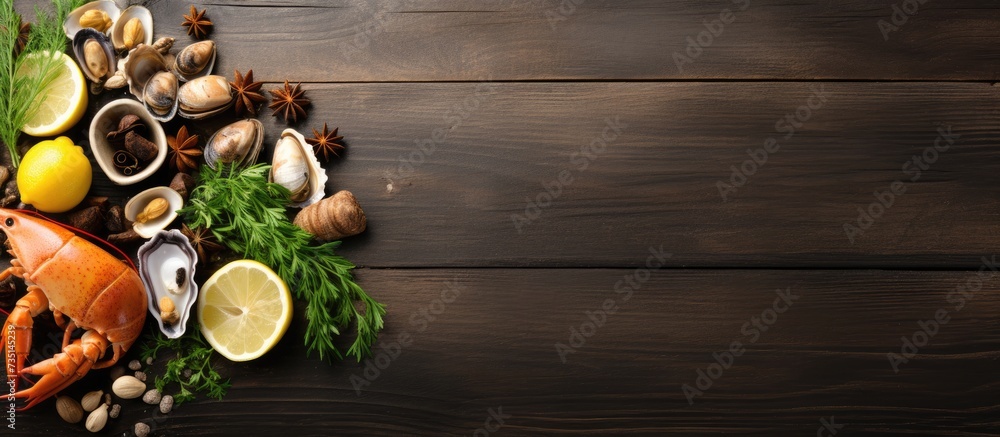 Poster Mussels in shells squid in a bowl octopus shrimps with lemon thyme and onions in a plate standing on a white wooden table with shells and stones. Creative Banner. Copyspace image
