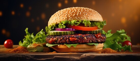 Tasty grilled burger made with vegetarian plant based imitation minced soya beans meat. Creative...
