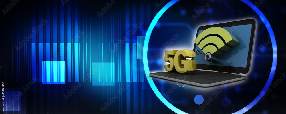 Poster 3d rendering 5g network 5g connection with laptop