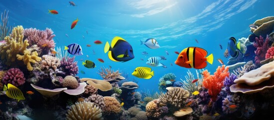 Naklejka na ściany i meble Tropical Fish on Coral Reef in the Red Sea. Creative Banner. Copyspace image