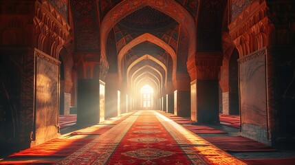 Islamic background with magnificent mosque , creative photograph angles, Interior of Mosque, Concept of Ramadan Kareem, Generative Ai