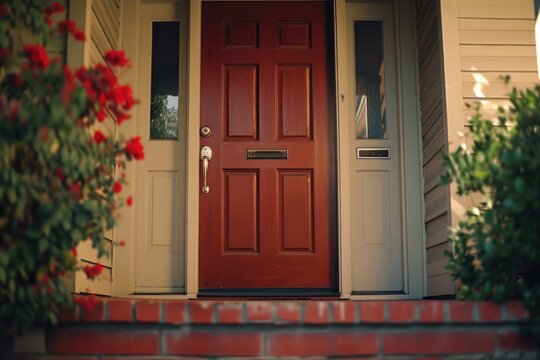A picture of a red front door with steps leading up to a house. This image can be used to showcase the entrance of a home or as a symbol of welcome and hospitality