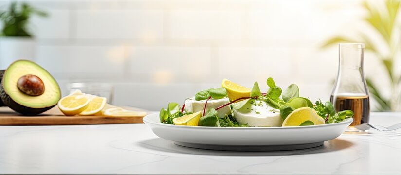Salad with avocado pear cucumber soft cheese and arugula served on the ceramic plate on white table. Creative Banner. Copyspace image