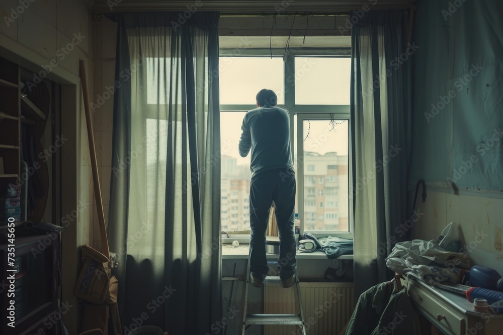 Poster a man stands on a ladder in front of a window. this image can be used to depict home improvement, ma