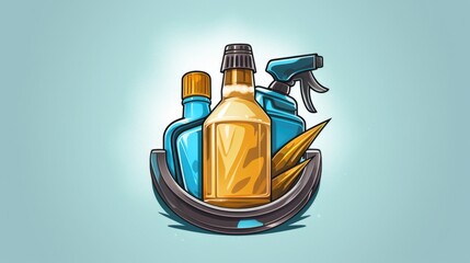 A bottle of cleaner and a spray bottle on a blue background. Suitable for cleaning and household product concepts - obrazy, fototapety, plakaty