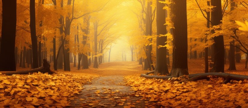 The beauty of the autumn forest Autumn forest treetops Autumn forest background Forest trees in autumn. Creative Banner. Copyspace image