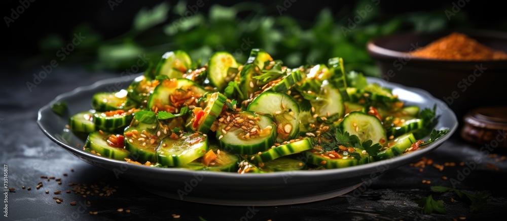 Poster smashed cucumber spicy asian style salad with soy sauce dressing chilli flakes garlic and sesame see