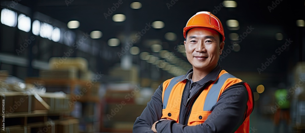 Poster warehouse worker standing and smiling with arms crossed in logistic center asian worker wearing hard