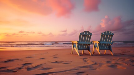 Two empty beach chairs on beach at sunset.

