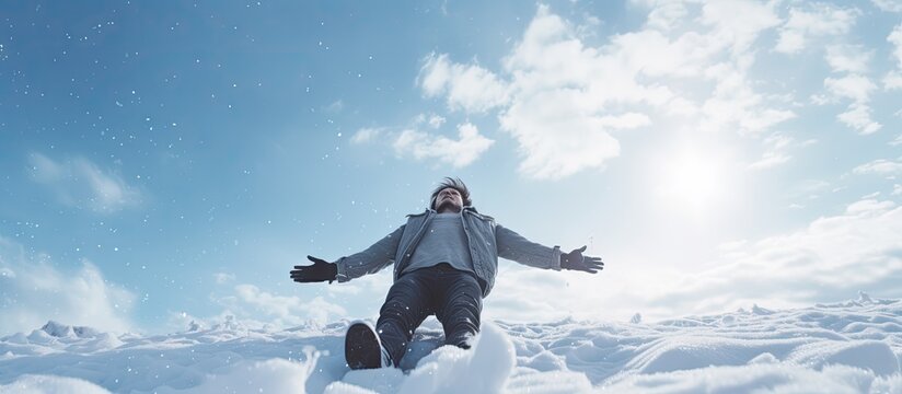 Young Man Wearing Warm Clothing Slips And Falls On Fresh Snowy Landscape. Creative Banner. Copyspace image