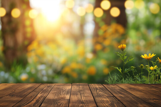 Empty Rustic Table Against Vibrant Spring Bokeh Backdrop: Perfect for Product Display or Picnic background