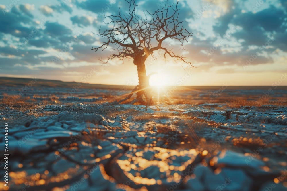 Poster a solitary tree stands in the center of a desolate field. suitable for landscape and nature-related 