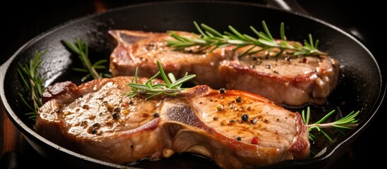 Roasted pork steaks in a frying pan with rosemary and garlic close up. Creative Banner. Copyspace image
