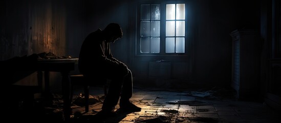 Silhouette of man in window of his room Sad emotions cry disappointed Light and darkness. Creative Banner. Copyspace image - obrazy, fototapety, plakaty