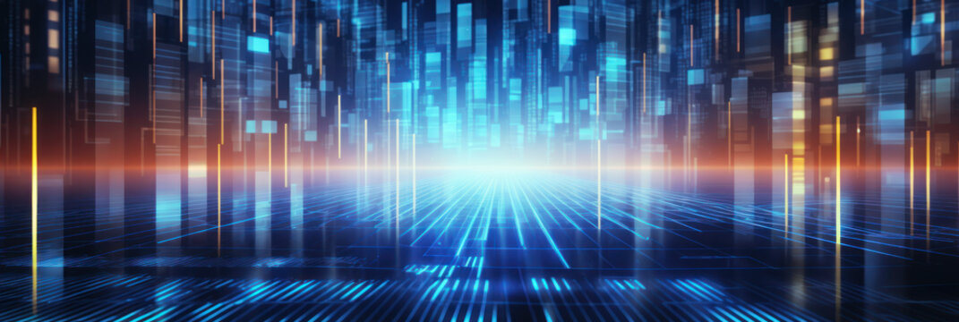 Abstract digital binary data with glowing lines and lights. Exploring futuristic technology and cyber connectivity through illuminated code and network structures