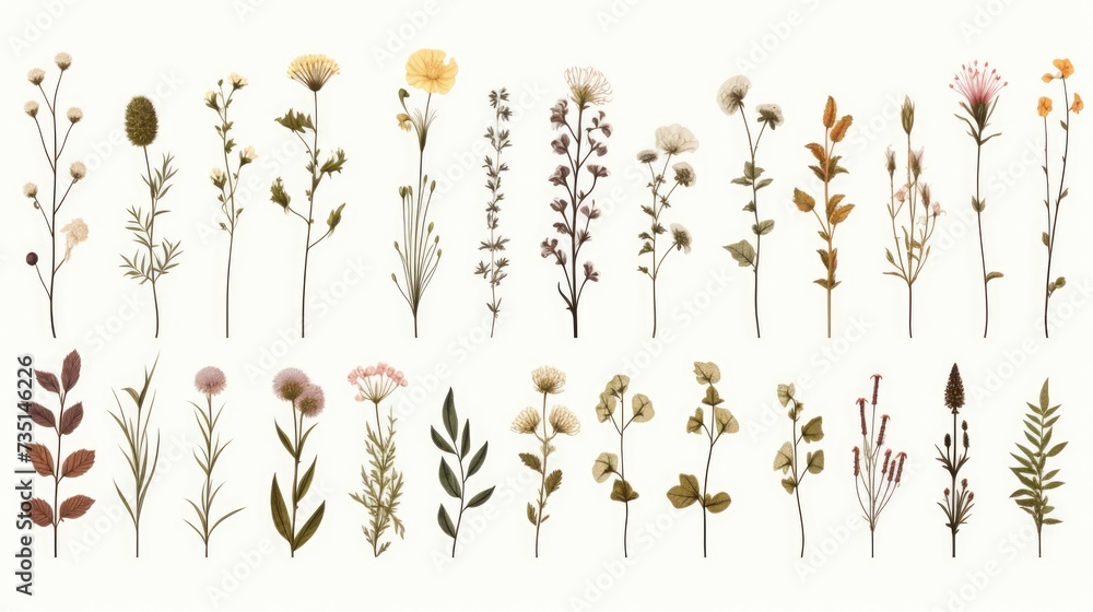 Poster A collection of various types of flowers displayed on a clean white background. This image can be used for floral arrangements, gardening, nature, or any other related themes
