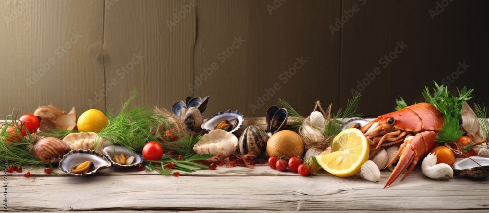 Poster mussels in shells squid in a bowl octopus shrimps with lemon thyme and onions in a plate standing on