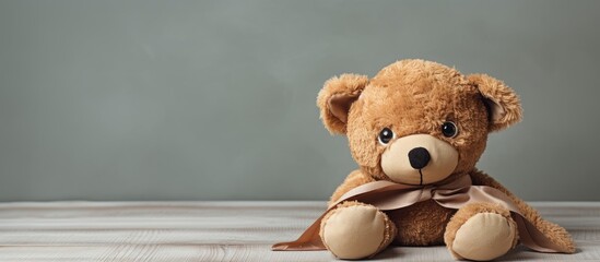 Teddy bear shows how to wear a patch to correct amblyopia Children with lazy eye can identify with the stuffed animals with a patch over the eye. Creative Banner. Copyspace image - obrazy, fototapety, plakaty