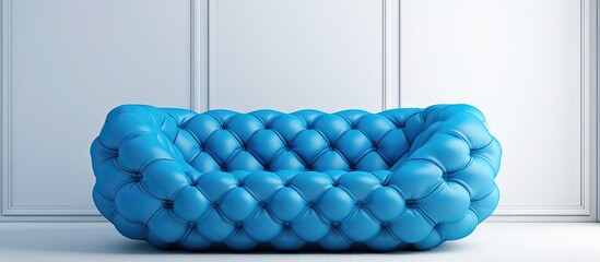 Quilted blue sofa and bench in trendy modest room with white walls. Creative Banner. Copyspace image