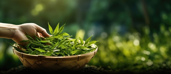 The model s hand holds a flat winnowing basket bamboo on which are freshly picked green tea buds in the background of the green tea garden. Creative Banner. Copyspace image - obrazy, fototapety, plakaty