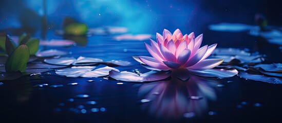 This beautiful waterlily or lotus flower is complimented by the rich colors of the deep blue water surface Saturated colors and vibrant detail make this an almost surreal image. Creative Banner - obrazy, fototapety, plakaty