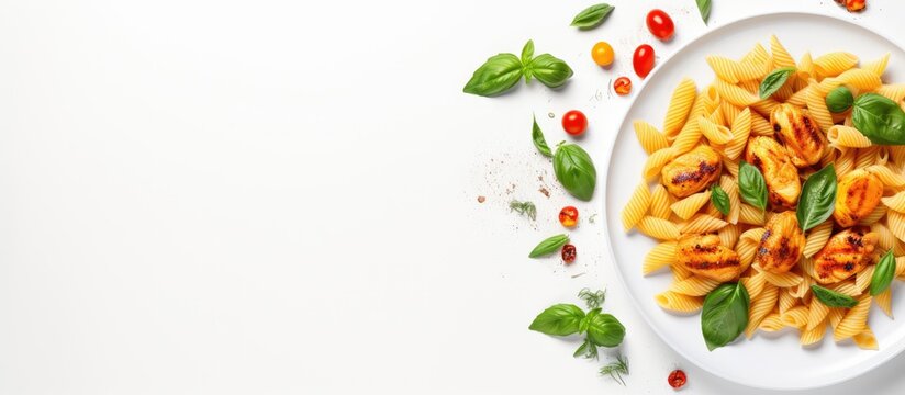 Pasta with chicken and vegetables with fresh herbs Traditional italian food Top view at white table. Creative Banner. Copyspace image